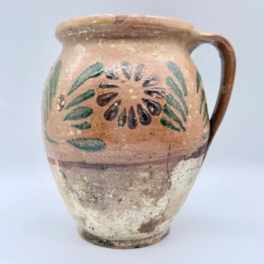 Southeastern PA Antique Folk Art Redware Pitcher Jar Hand Painted Floral Pottery